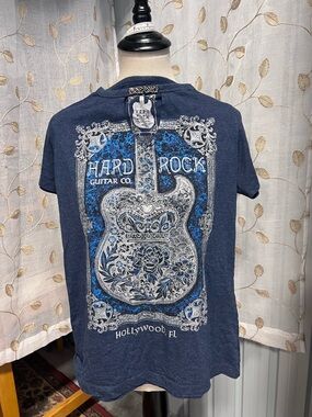 Hard Rock Cafe Navy Tee with White Guitar Print and Bright Blue Accents
